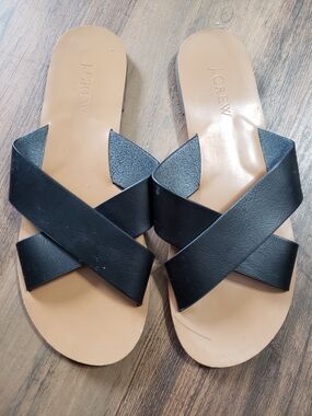 J. Crew Black Leather Crisscross Slide Sandals with Tan Footbed